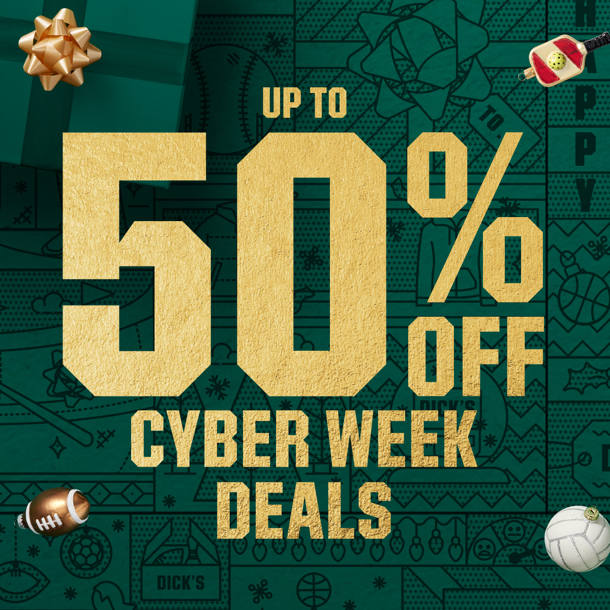 Up to 50% off cyber week deals.