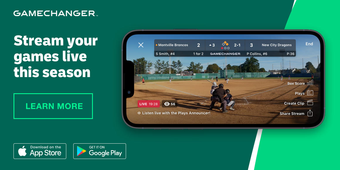 GameChanger. Stream your game live this season. Learn more. Download  on the App Store. Get it on Google Play.