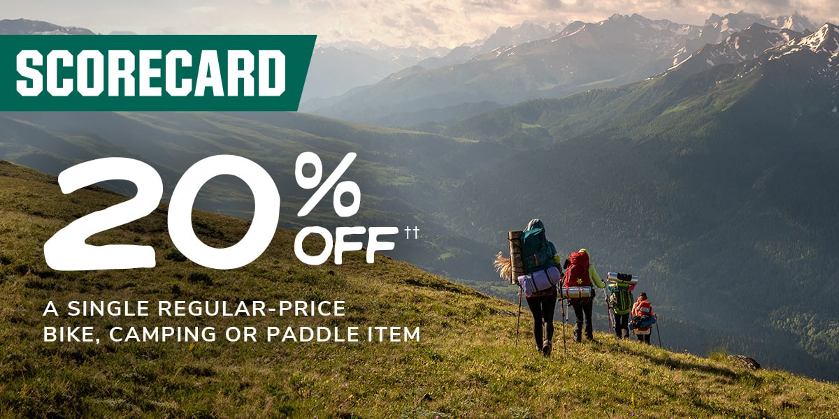  20% off a single regular-price bike, camping or paddle item.